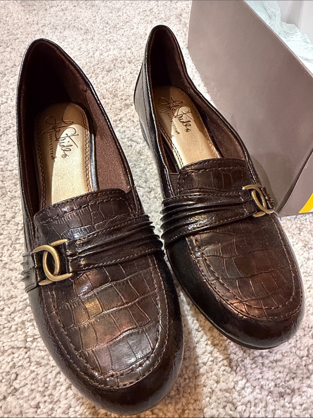 Life Stride Brown Croc-Embossed Slip-On Loafers with Gold Accent